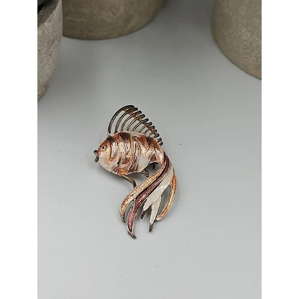 Brooch Fish Enamel Fashion‎ Jewelry Coral Brass Goldtone